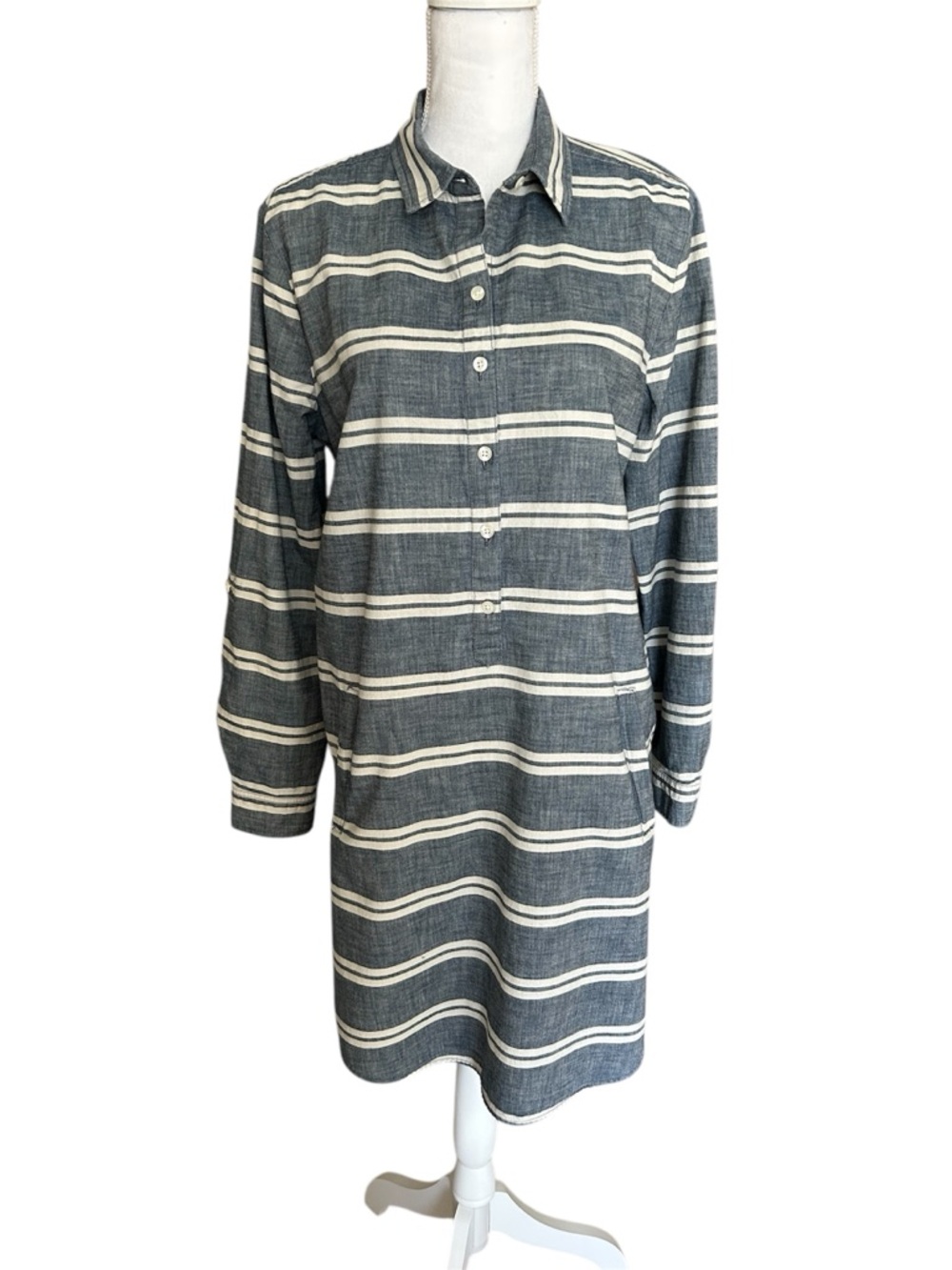 LOFT Navy and White Striped Long-Sleeve Shirt Dress